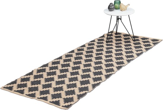 Relaxdays vloerkleed katoen - 80x200 cm - tapijt - binnenkleed - ruitjes - diverse kleuren - grijs