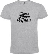 Grijs  T shirt met  print van "Wijnen Wijnen Wijnen " print Zwart size XS