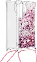 Lunso - Backcover hoes met koord - Samsung Galaxy S22 Ultra - Glitter Rose Goud