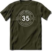 35th Happy Birthday T-shirt | Vintage 1987 Aged to Perfection | 35 jaar verjaardag cadeau | Grappig feest shirt Heren – Dames – Unisex kleding | - Leger Groen - L
