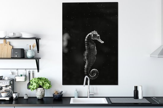 Tableau sur toile Hippocampe sur fond sombre - noir et blanc - 90x140 cm - Décoration murale