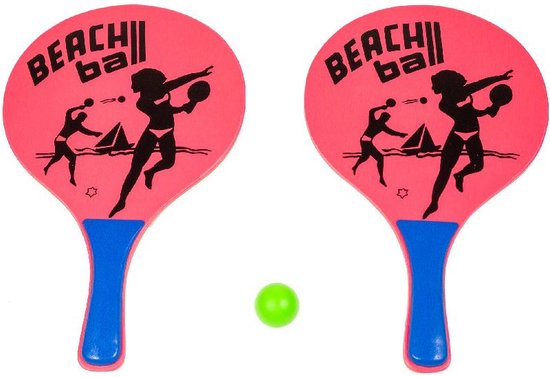 Foto: Houten beachball set roze met beachball print strand balletjes rackets batjes en bal tennis ballenspel