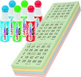 100x Bingokaarten nummers 1-75 inclusief 6x bingostiften blauw/groen/rood