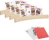 4x pièces Porte-cartes cartes à jouer - dont 54 cartes à jouer damier rouge - bois - 35 cm - porte-cartes