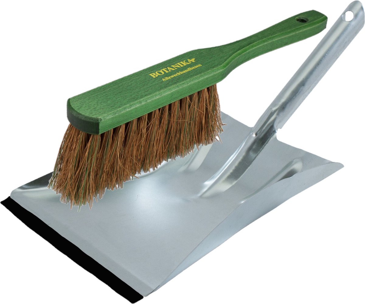 Goedkoopste Stoffer en blik zilver/groen van verzinkt metaal/kokosharen inclusief lip voor buiten