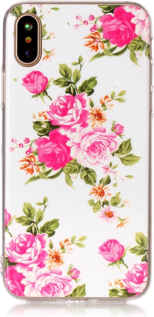 Peachy Bloemen hoesje TPU geschikt voor iPhone X XS rozen wit roze case