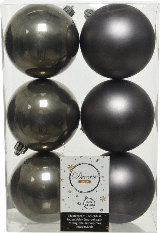 6x stuks kunststof kerstballen antraciet (warm grey) 8 cm Mat/glans
