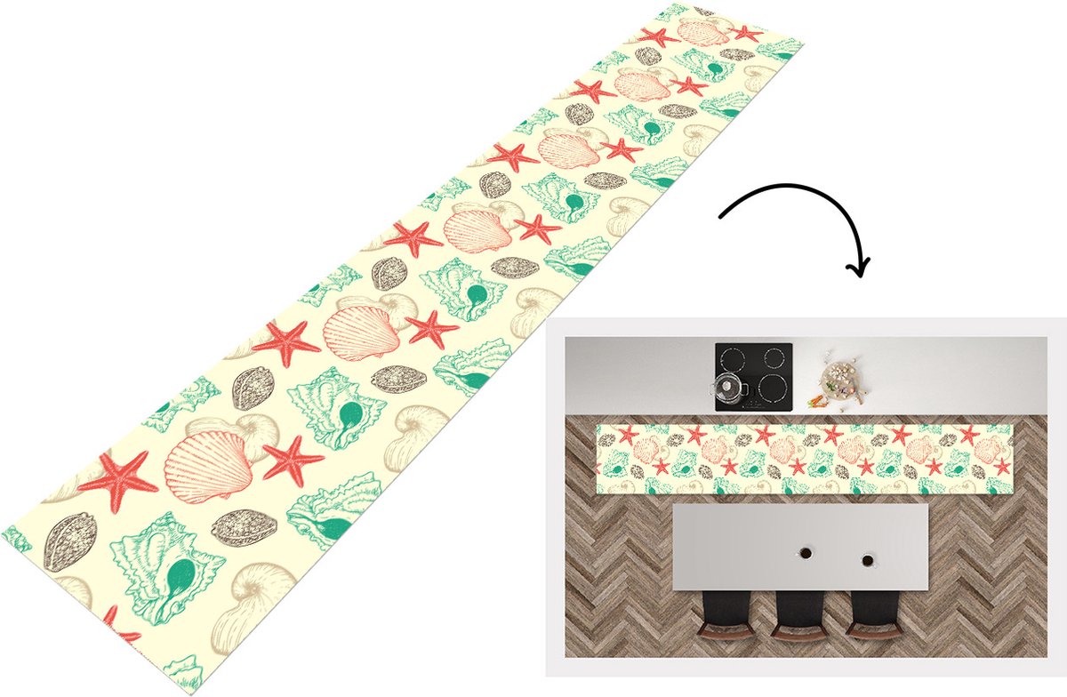 KitchenYeah Keukenloper - Keukenmat - Schelpen - Zeester - Strand - Vintage - Patroon - Keuken vloerkleed Multicolor