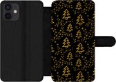 Bookcase Geschikt voor iPhone 12 telefoonhoesje - Kerst - Goud - Zwart - Patroon - Met vakjes - Wallet case met magneetsluiting