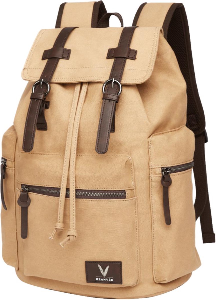HEANVER Vintage Canvas Rugzak - Waterdichte Rugtas 27L - 15,6 inch laptop tas - Khaki zand bruin