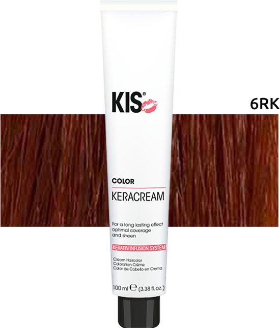KIS Keracream haarverf tube met een haarstaal in de kleur 6RK donker rood koper blond.