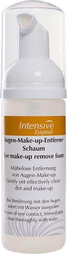 Biosmetics Intensive Eyepẹarl oog make-up remover foam. Witte fles met oranje, gouden en grijze opdruk.