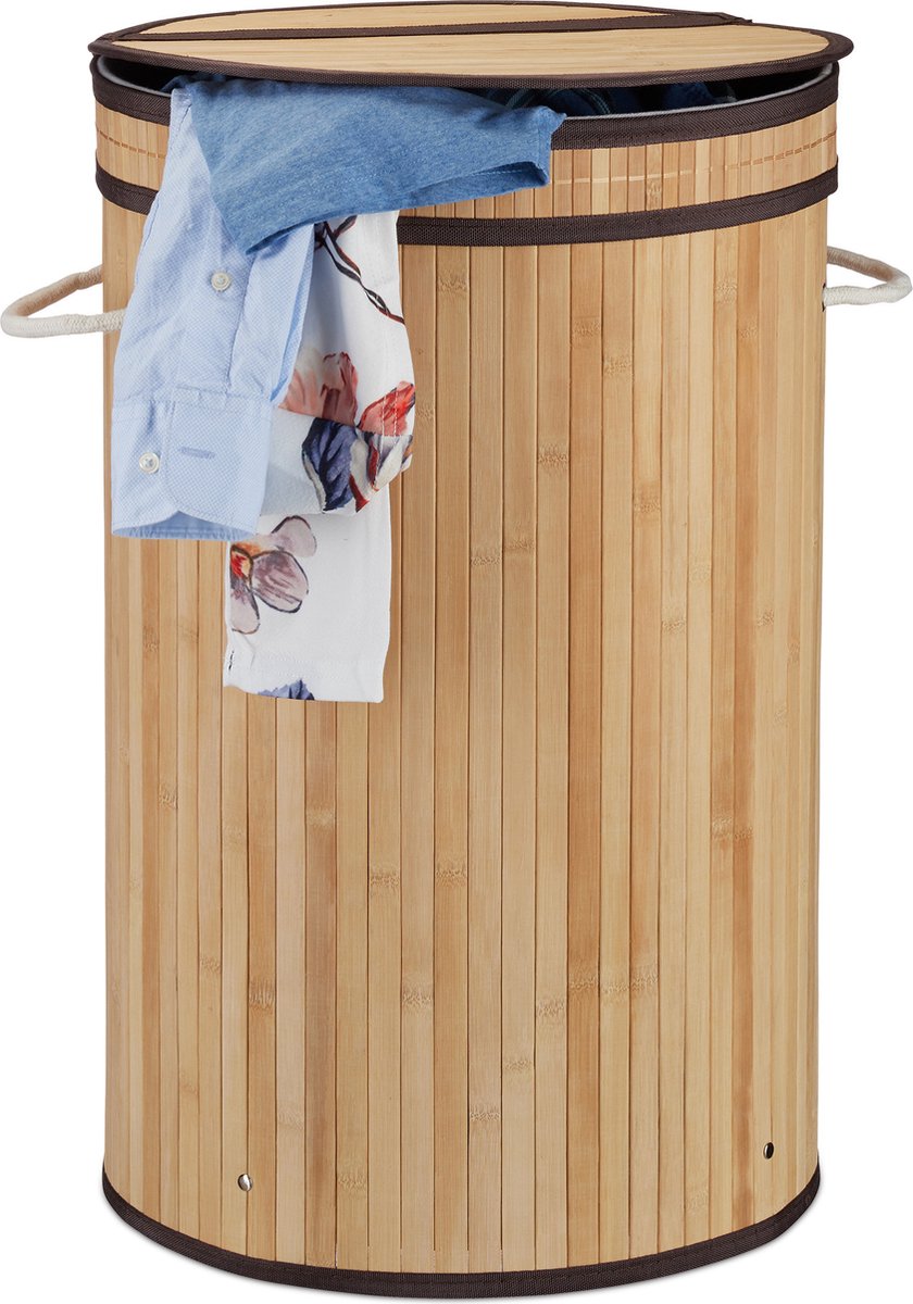 Relaxdays 1x wasmand bamboe - ronde wasbox met deksel - 63 x 40 cm - 65 liter - natuur