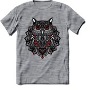 Uil - Dieren Mandala T-Shirt | Rood | Grappig Verjaardag Zentangle Dierenkop Cadeau Shirt | Dames - Heren - Unisex | Wildlife Tshirt Kleding Kado | - Donker Grijs - Gemaleerd - L