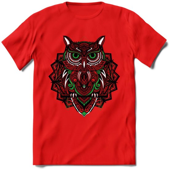 Uil - Dieren Mandala T-Shirt | Groen | Grappig Verjaardag Zentangle Dierenkop Cadeau Shirt | Dames - Heren - Unisex | Wildlife Tshirt Kleding Kado | - Rood - M