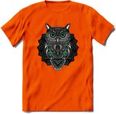 Uil - Dieren Mandala T-Shirt | Aqua | Grappig Verjaardag Zentangle Dierenkop Cadeau Shirt | Dames - Heren - Unisex | Wildlife Tshirt Kleding Kado | - Oranje - L