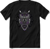 Uil - Dieren Mandala T-Shirt | Paars | Grappig Verjaardag Zentangle Dierenkop Cadeau Shirt | Dames - Heren - Unisex | Wildlife Tshirt Kleding Kado | - Zwart - XL