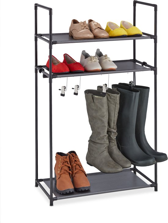 Relaxdays schoenenrek laarzen - open schoenenkast hal - schoenen organizer met 3 etages - zwart