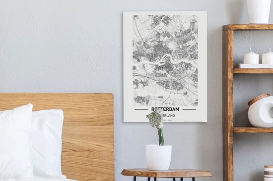 Tableau sur Toile City Map - Rotterdam - Zwart - Wit - 30x40 cm - Décoration murale - Carte