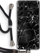 Case Company® - Samsung Galaxy S21 Ultra hoesje met Koord - Zwart Marmer - Telefoonhoesje met Zwart Koord - Bescherming aan alle Kanten en Over de Schermrand