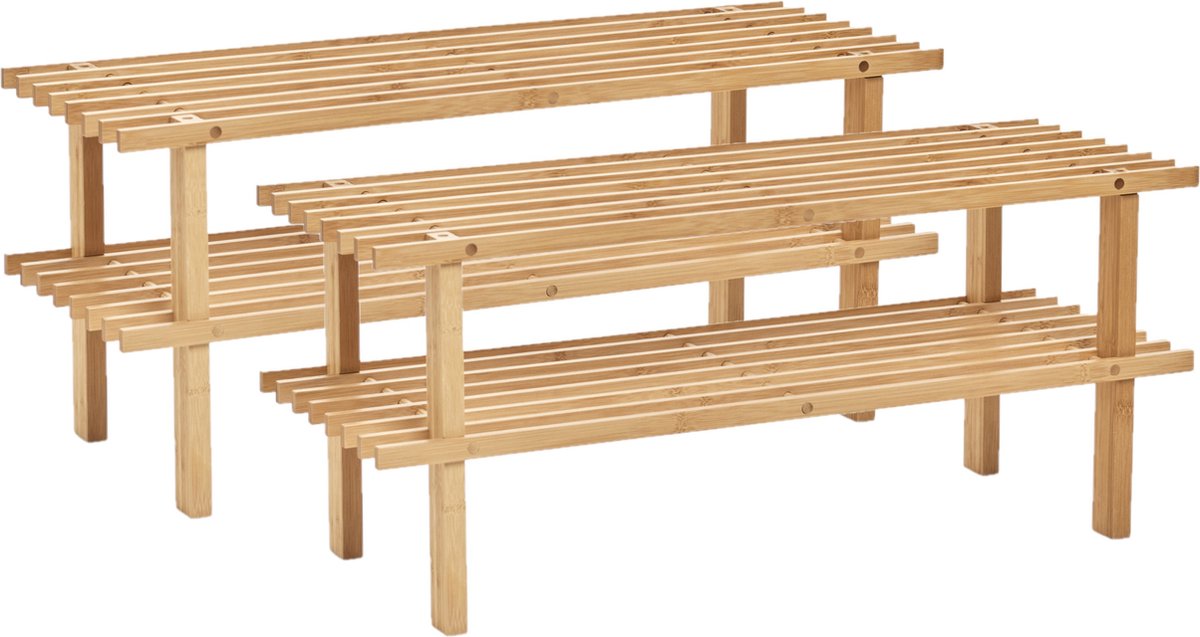 Set van 2x stuks bamboe houten schoenenrek/schoenenstandaard 2-laags 70 x 26 x 30 cm - schoenen opbergen