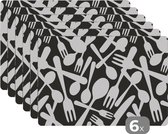 Placemat - Placemats kunststof - Bestek - Patronen - Zwart Wit - 45x30 cm - 6 stuks - Hittebestendig - Anti-Slip - Onderlegger - Afneembaar