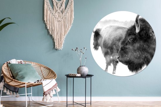 WallCircle - Wandcirkel - Muurcirkel - Bizons in sneeuw - zwart wit - Aluminium - Dibond - ⌀ 140 cm - Binnen en Buiten