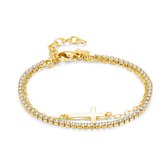 Twice As Nice Armband in goudkleurig edelstaal, dubbele ketting, kruisje, witte kristallen 15 cm+3 cm