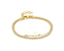 Twice As Nice Armband in goudkleurig edelstaal, dubbele ketting, kruisje, witte kristallen 15cm+3cm