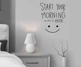 Stickerheld - Muursticker "Start your morning with a smile" Quote - Slaapkamer - inspirerend - Engelse Teksten - Mat Zwart - 32.7x27.5cm