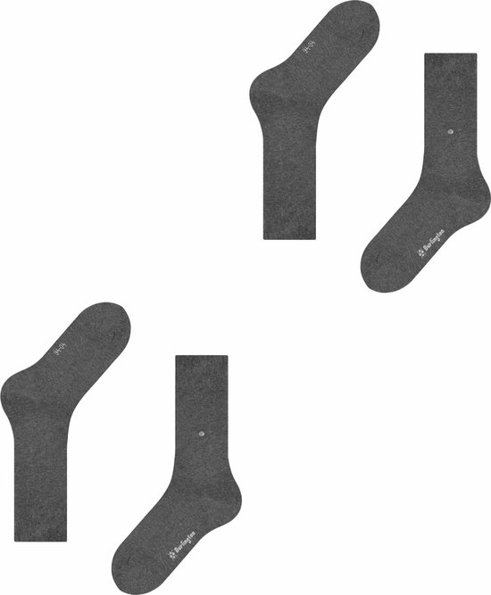 Twee paar donkergrijze Burlington sokken, elk met een subtiel logo. Eén paar is opgerold.