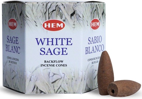 Doos HEM White Sage backflow wierook kegels. Twee bruine kegels. "WHITE SAGE BACKFLOW INCENSE CONES"