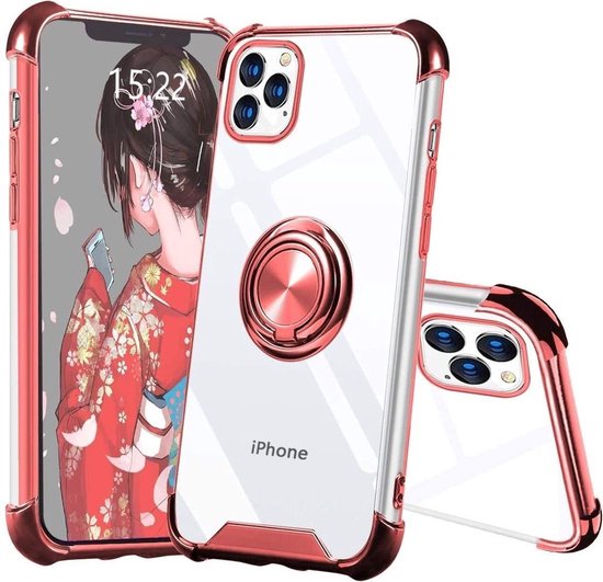 Hoesje Geschikt voor iPhone 11 Pro Max hoesje silicone met ringhouder Back Cover case - Transparant/Rosegoud