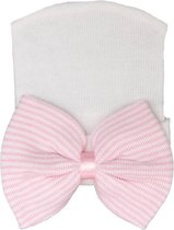 Baby geboortemuts / newbornmuts - wit met strik - roze streep - 0-3 maanden