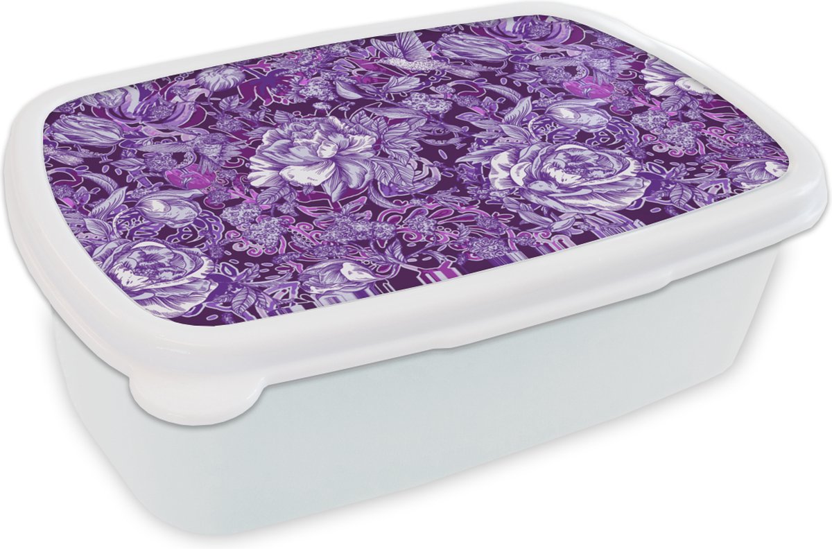 Broodtrommel Wit - Lunchbox - Brooddoos - Kolibrie - Rozen - Paars - 18x12x6 cm - Volwassenen
