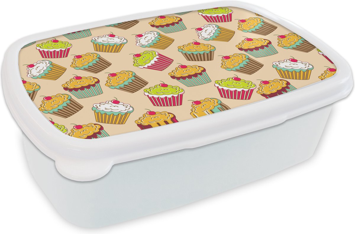 Broodtrommel Wit - Lunchbox - Brooddoos - Patronen - Eten - Cupcake - 18x12x6 cm - Volwassenen