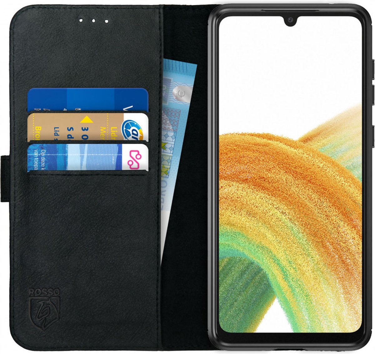 Rosso Deluxe Echt Leer Book Case Hoesje Geschikt voor Samsung Galaxy A33 | Ruimte voor drie pasjes | Portemonnee Book Case | Met Pasjeshouder | Zwart