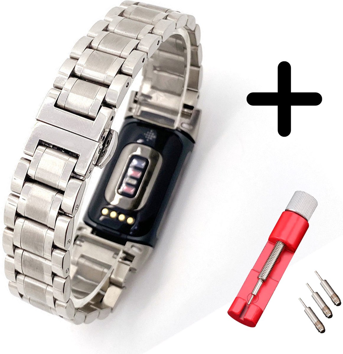 Geschikt voor Fitbit Charge 5 / Fitbit Charge 6 bandje metaal zilver schakels + toolkit