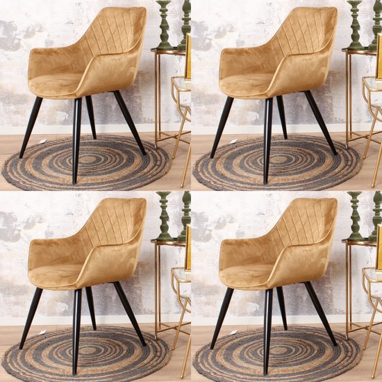 Ravi eetkamerstoel 2.0 - kuipstoel - stoel - industrieel - met armleuning - velvet - velours - fluweel - stof - goud - set van 4