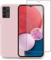 Geschikt voor Samsung A13 4G Hoesje + Screenprotector – Gehard Glas Cover - Suède Case Rose