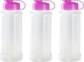 3x stuks kunststof waterflessen 1100 ml transparant met dop roze - Drink/sport/fitness flessen