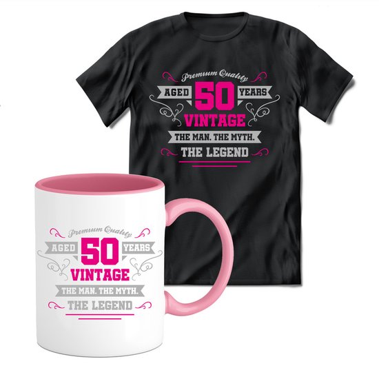 50 Jaar Legend T-shirt met mok giftset Roze | Verjaardag cadeau pakket set | Grappig Abraham en Sarah feest shirt Heren – Dames – Unisex kleding | Koffie en thee mok | Maat M