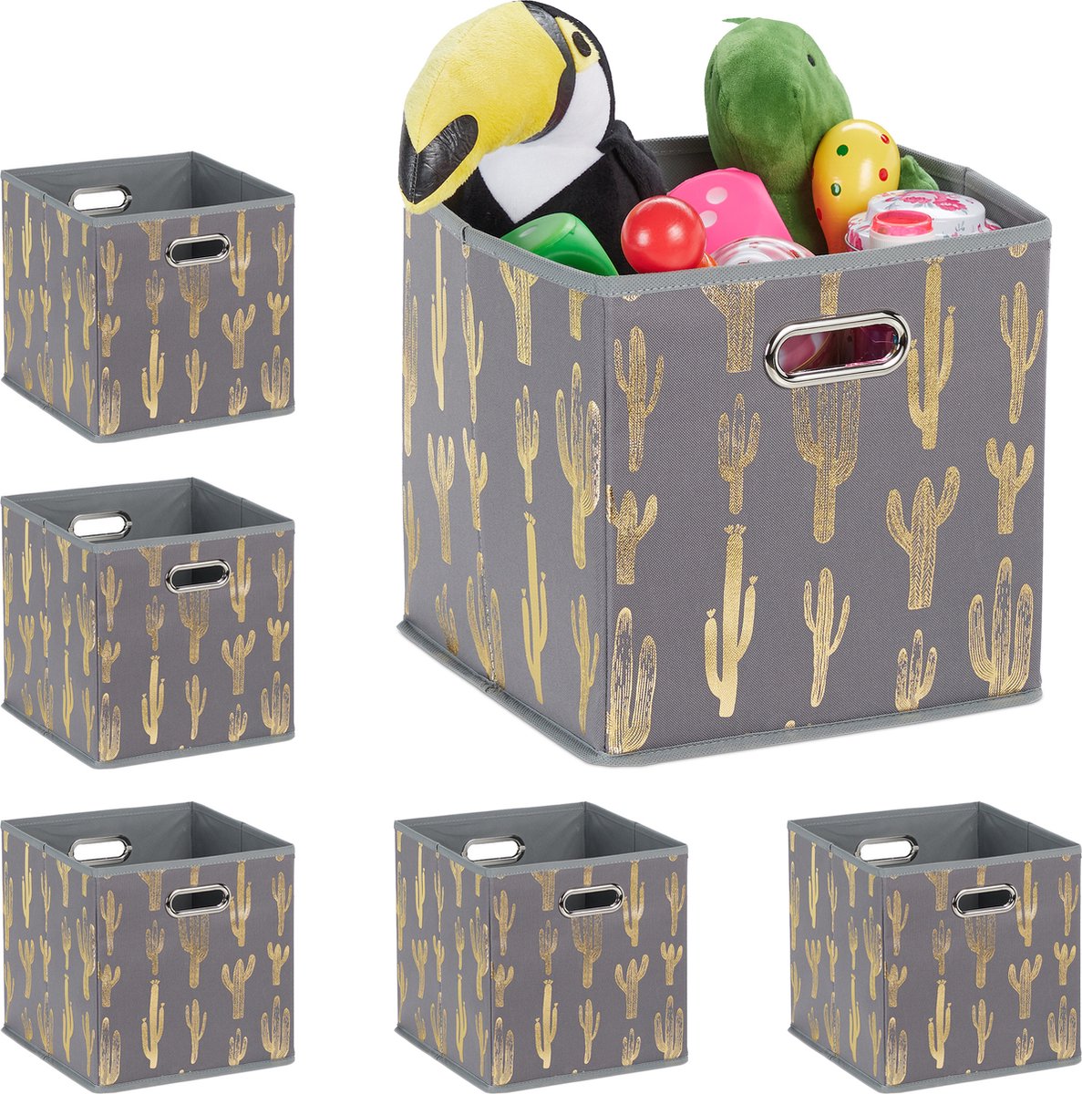 Image of 6x stoffen opbergmand - cactus print - grijze opbergdoos vierkant - woonkamer