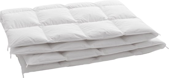 Couette blanche moyenne, motif à carreaux et fermetures éclair sur les côtés.