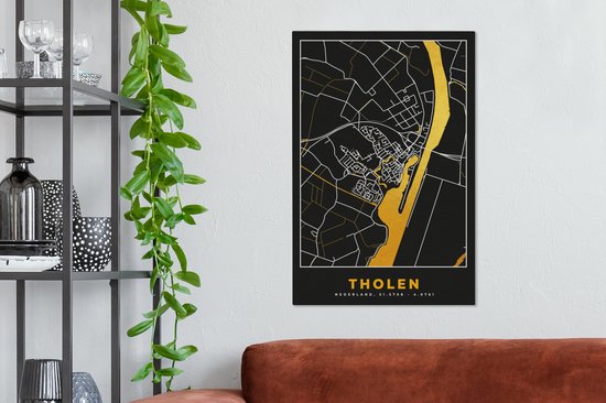 Tableau sur toile Tholen - Black and Gold et Or - Plan de la ville - Carte - Plan - 40x60 cm - Décoration murale
