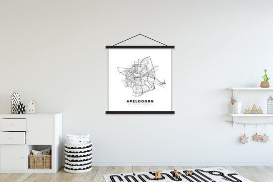 Porte-affiche avec affiche - Affiche scolaire - Plan de la ville - Zwart Wit - Carte - Apeldoorn - Nederland - Carte - 90x90 cm - Lattes noires