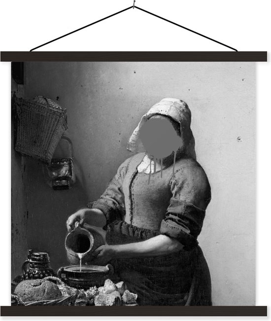 Posterhanger incl. Poster - Schoolplaat - Het melkmeisje - Johannes Vermeer - Zwart - Wit - 90x90 cm - Zwarte latten