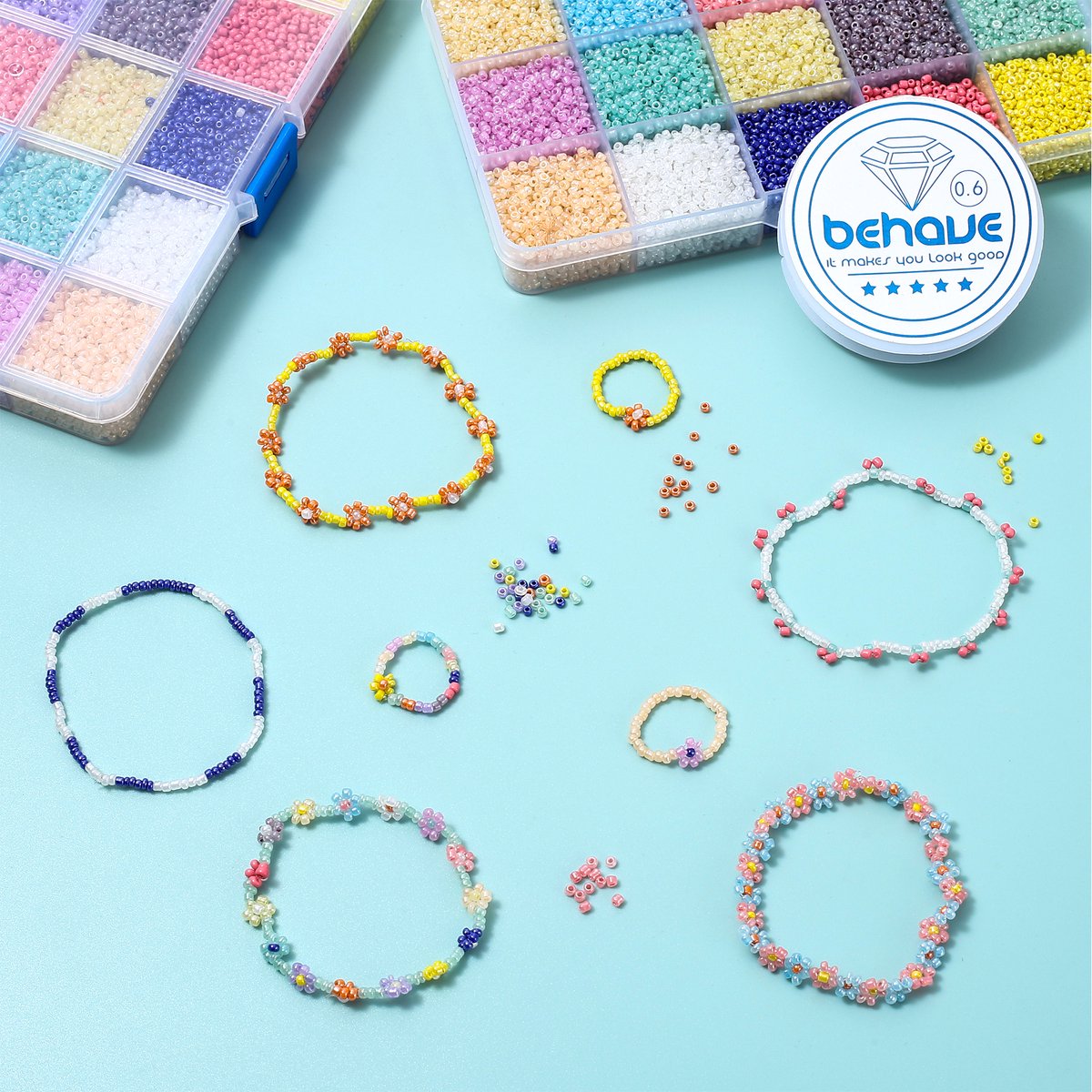 Behave 15000 Glaskralen Set - DIY Sieraden maken - Kralen Set - Rocailles - Rijgdraad - 15 Pastel Kleuren - 2mm — afbeelding 11