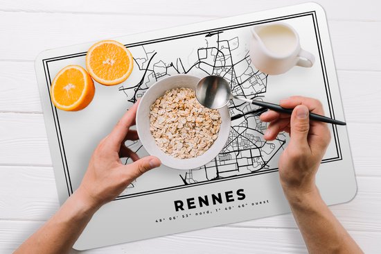 Set de table - Napperons plastique - Rennes - Carte - Plan de la ville - Wit Zwart - Carte - 45x30 cm - 6 pièces - Résistant à la chaleur - Antidérapant - Sous-couche - Amovible