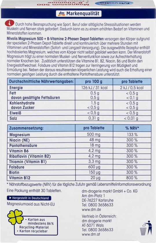 Verpakking met voedingswaardetabel en ingrediëntenlijst. Tekst in het Duits.